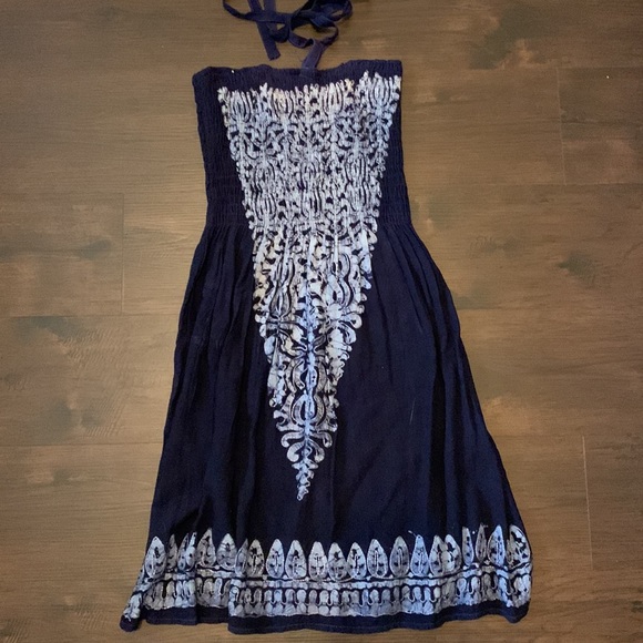 TUBE TOP SUNDRESS HALTER TIE SLEEVELESS SMALL BLUE BATIK PRINT - Picture 1 of 9